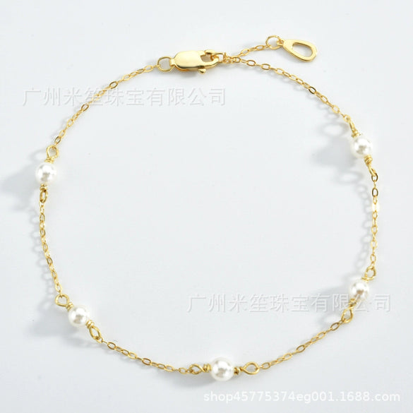 Simple Bead Chain S925 Sterling Silver Austrian Crystal Pearl Women's Bracelet With Geometric Design And Platinum Or 18K Gold Electroplating