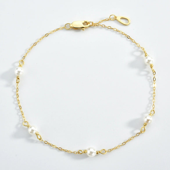Simple Bead Chain S925 Sterling Silver Austrian Crystal Pearl Women's Bracelet With Geometric Design And Platinum Or 18K Gold Electroplating