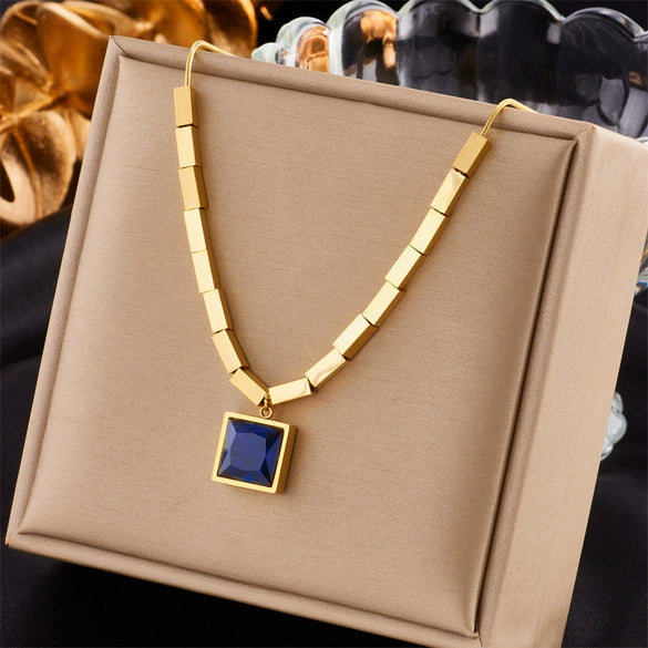 Simple Blue Square Titanium Steel Necklace With Electroplating For Women Geometric Design Cold Style Niche Design High Grade Clavicle Chain