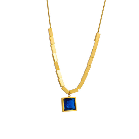 Simple Blue Square Titanium Steel Necklace With Electroplating For Women Geometric Design Cold Style Niche Design High Grade Clavicle Chain