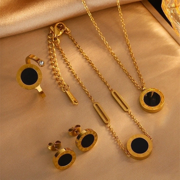 Simple Bow Stainless Steel Jewelry Set With Roman Medallion Irregular Love Pattern Electroplated For Women