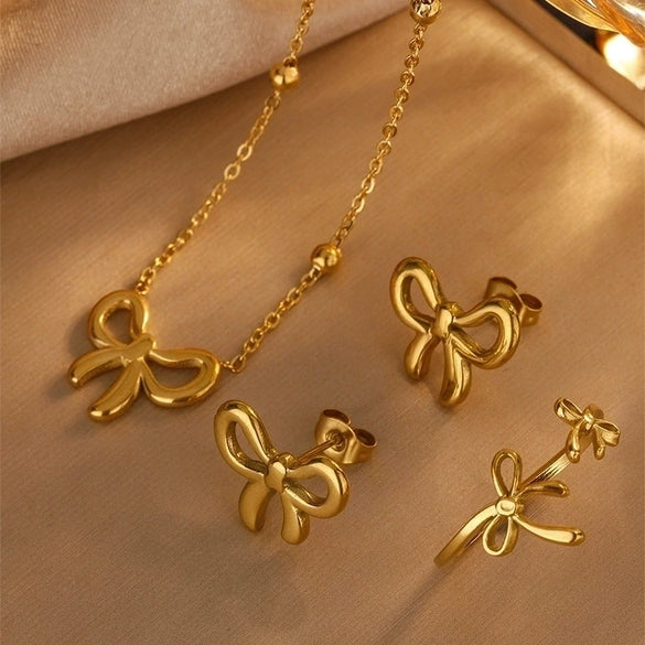 Simple Bow Stainless Steel Jewelry Set With Roman Medallion Irregular Love Pattern Electroplated For Women