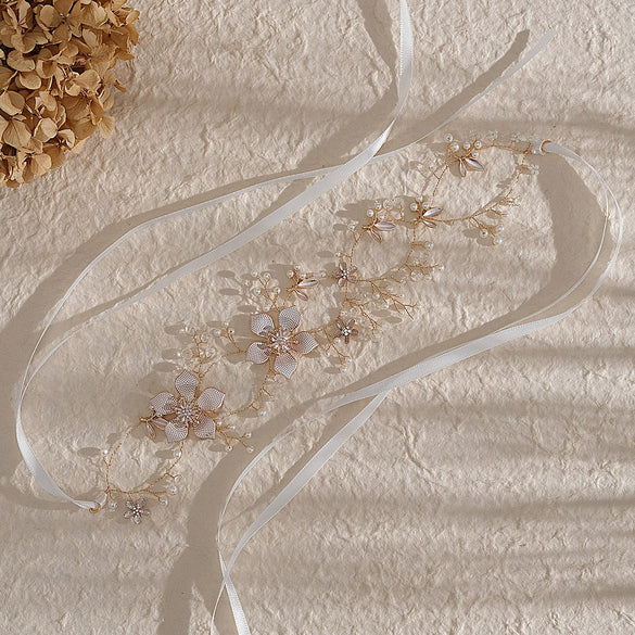 Simple Bridal Flower Alloy Handmade Hair Band With Pearl And Rhinestone Accents Rhombus Pattern Wedding Headpiece