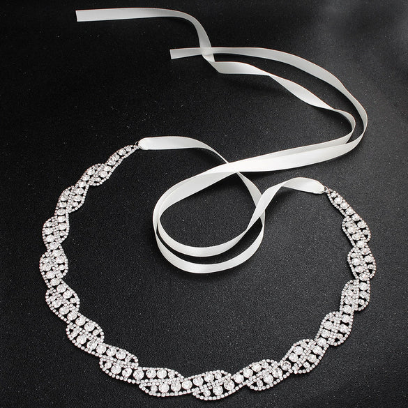 Simple Bridal Rhinestone Metal Waist Chain Luxury Diamond Wedding Dress Belt Accessory With Floral Woven Fabric Buckle
