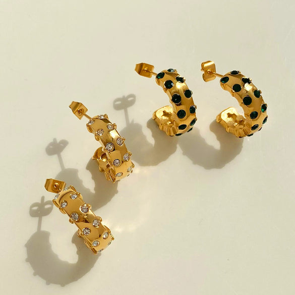Simple C Shaped Stainless Steel Diamond Earrings With Electroplating For Women Geometric Style