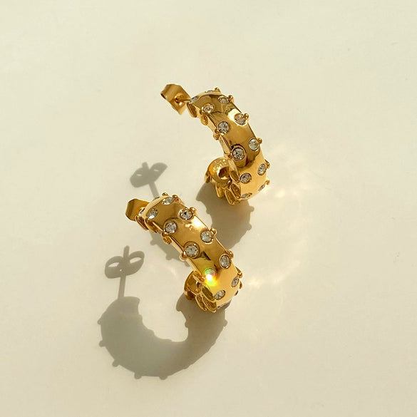 Simple C Shaped Stainless Steel Diamond Earrings With Electroplating For Women Geometric Style