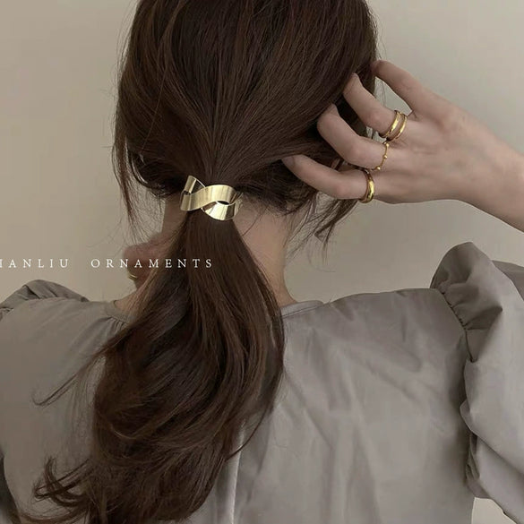 Simple Chic Geometric Brushed Alloy Hair Tie Handmade Metal Elastic Hair Band Hair Accessory For Women