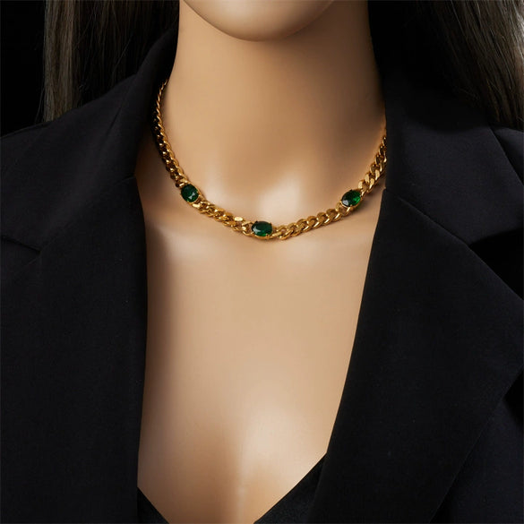 Simple Cold Punk Style Thick Titanium Steel Chain With Geometric Diamond Embedded Emerald Electroplated Necklace