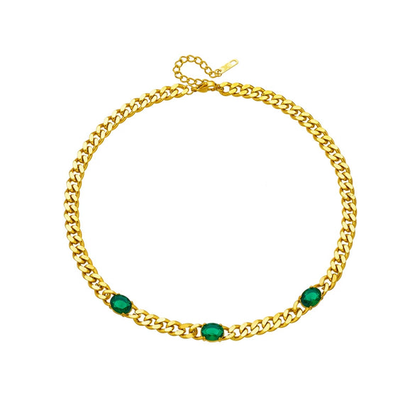 Simple Cold Punk Style Thick Titanium Steel Chain With Geometric Diamond Embedded Emerald Electroplated Necklace