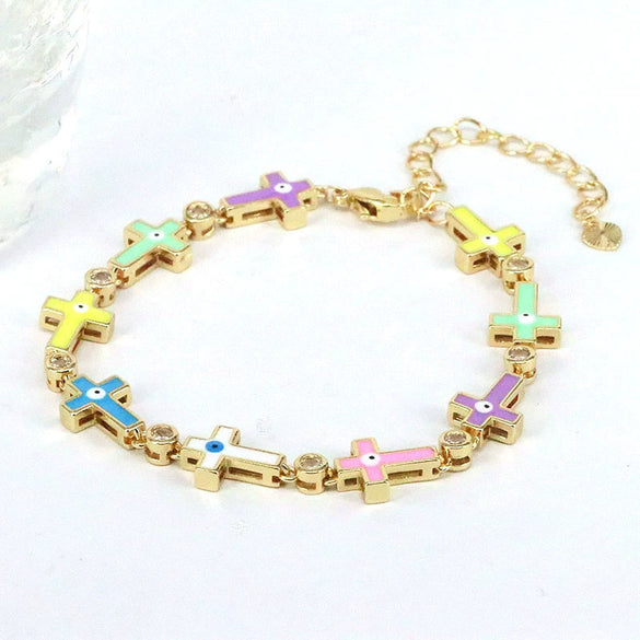 Simple Colorful Oil Dripping Evil Eye Geometric Bracelet For Women Copper Zircon Enamel Electroplated