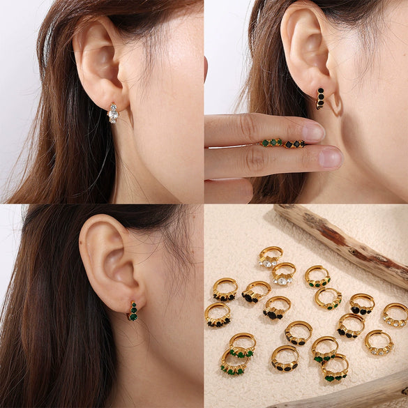 Simple Colorful Zircon Inlaid 316L Stainless Steel Electroplated Retro Earrings For Women