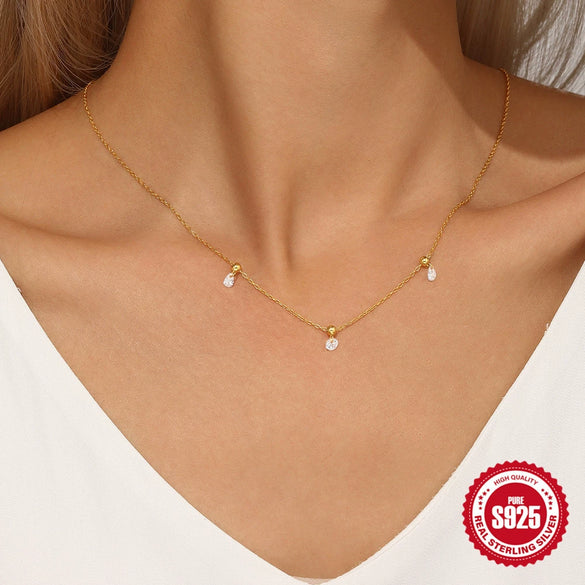 Simple Commute S925 Sterling Silver Adjustable Round Zircon Pendant Drape Necklace And Bracelet With Geometric Pattern And Electroplating Treatment For Women