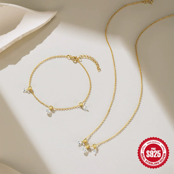 Simple Commute S925 Sterling Silver Adjustable Round Zircon Pendant Drape Necklace And Bracelet With Geometric Pattern And Electroplating Treatment For Women