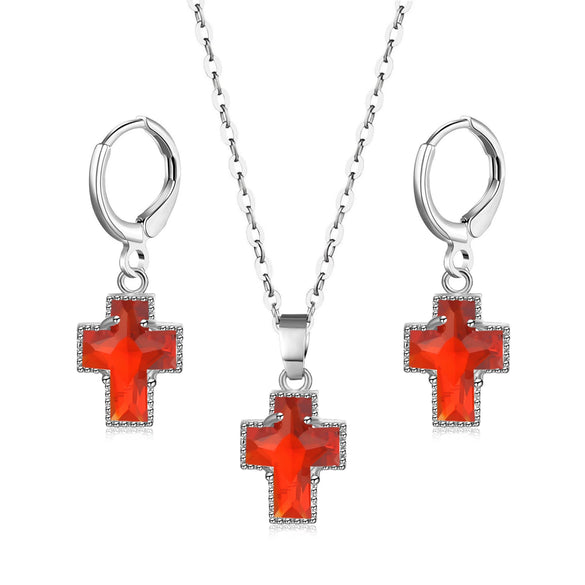 Simple Copper Inlaid Zircon Cross Earrings And Necklace Jewelry Set With O Chain For Women