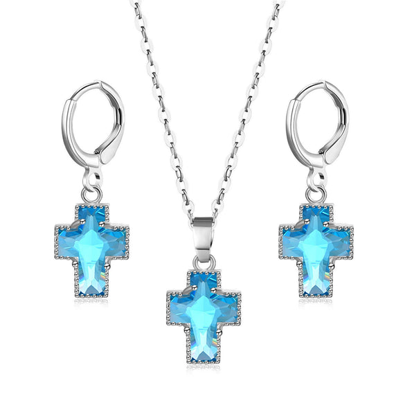 Simple Copper Inlaid Zircon Cross Earrings And Necklace Jewelry Set With O Chain For Women