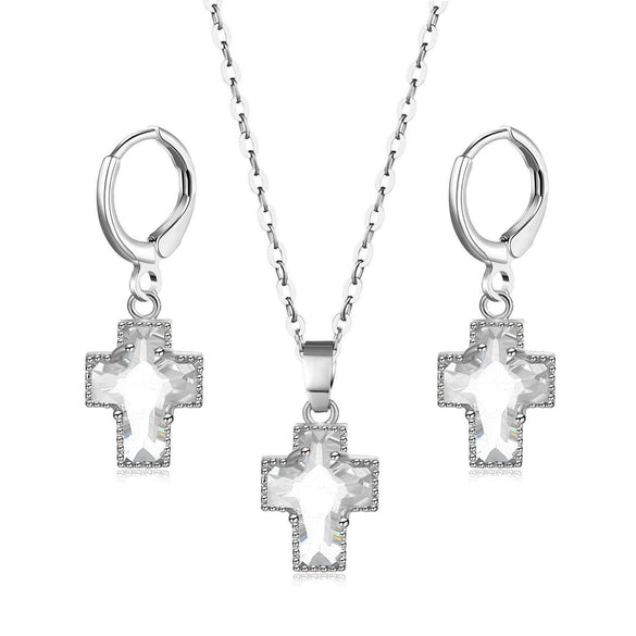 Simple Copper Inlaid Zircon Cross Earrings And Necklace Jewelry Set With O Chain For Women