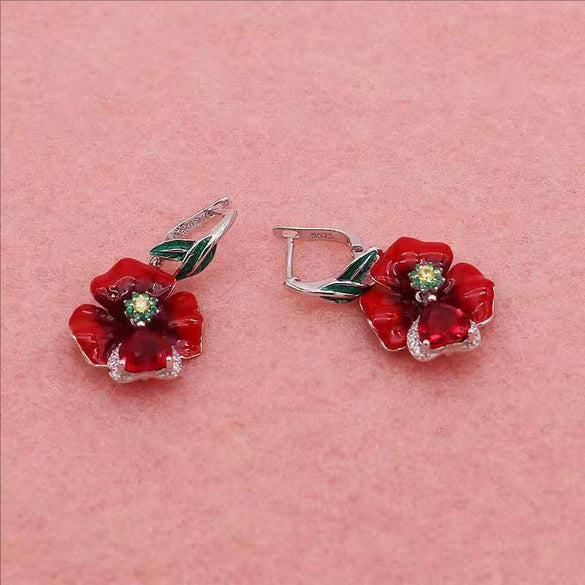 Simple Creative Metal Flower And Peach Heart Earrings With Orange Red Zircon And Electroplated Handmade Finish