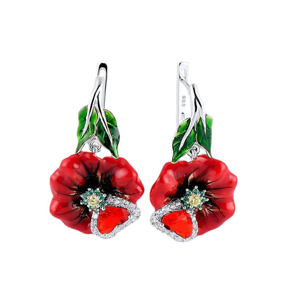 Simple Creative Metal Flower And Peach Heart Earrings With Orange Red Zircon And Electroplated Handmade Finish