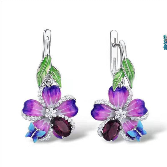 Simple Creative Metal Flower And Peach Heart Earrings With Orange Red Zircon And Electroplated Handmade Finish