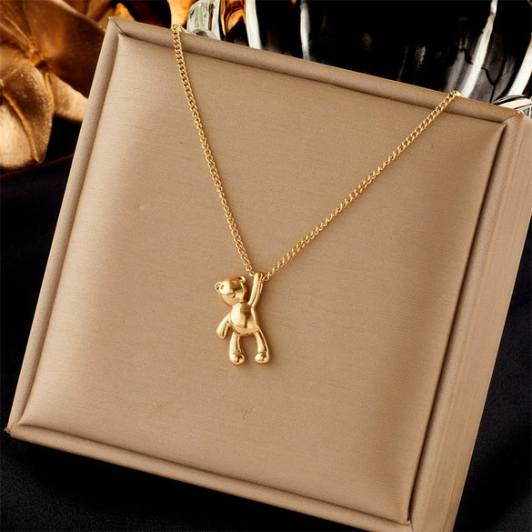 Simple Cute Cartoon Three Dimensional Glossy Bear Pendant Titanium Steel Necklace With Metal Chain Electroplated