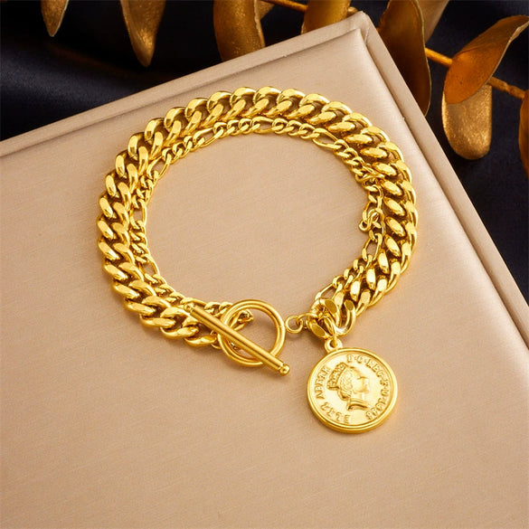 Simple Design Allmatch Stitching Doublelayer Hiphop Distinctive Unisex Titanium Steel Bracelet With Geometric Pattern And Electroplating Treatment