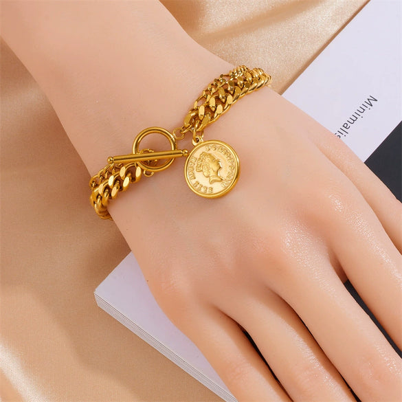 Simple Design Allmatch Stitching Doublelayer Hiphop Distinctive Unisex Titanium Steel Bracelet With Geometric Pattern And Electroplating Treatment