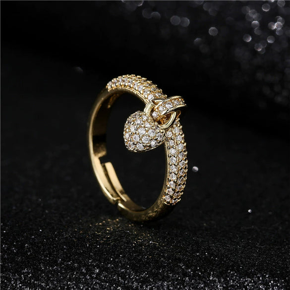 Simple Design Copper Plated 18K Gold Open Heart Ring With Micropaved Zircon For Women