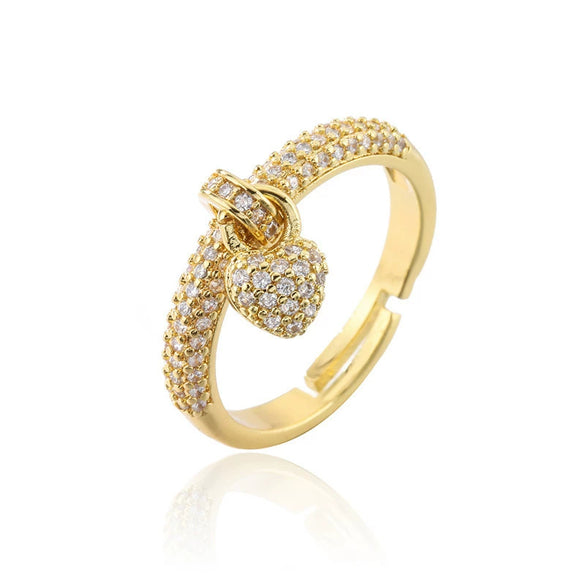 Simple Design Copper Plated 18K Gold Open Heart Ring With Micropaved Zircon For Women