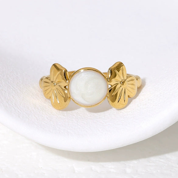 Simple Design Flower Stainless Steel Open Ring For Women Oil Dropping 18K Gold Plated