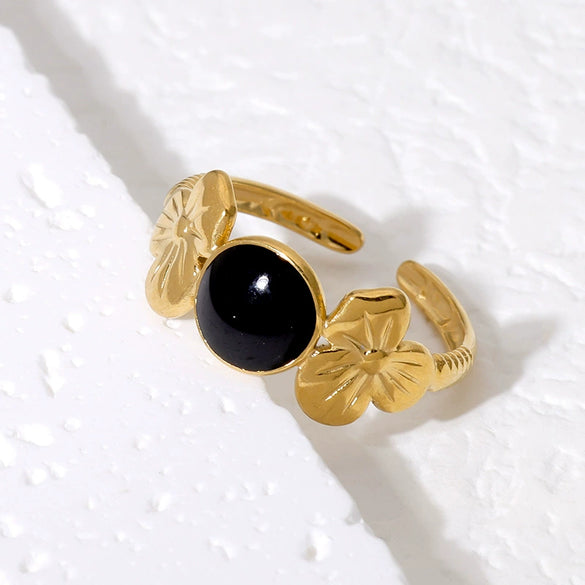 Simple Design Flower Stainless Steel Open Ring For Women Oil Dropping 18K Gold Plated