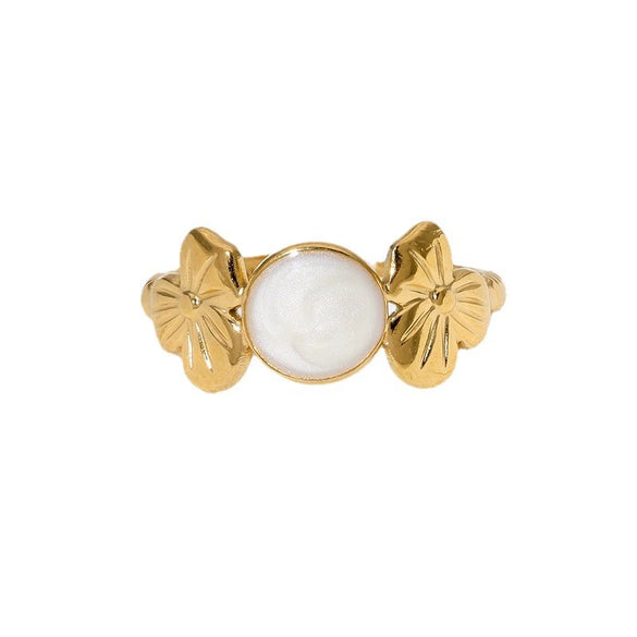 Simple Design Flower Stainless Steel Open Ring For Women Oil Dropping 18K Gold Plated