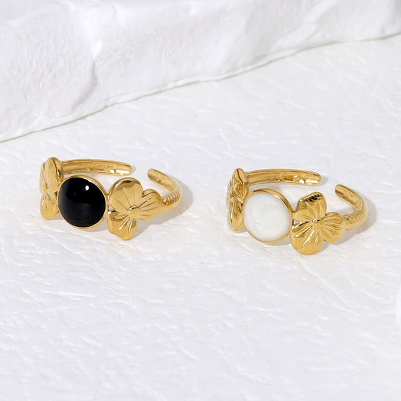 Simple Design Flower Stainless Steel Open Ring For Women Oil Dropping 18K Gold Plated