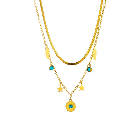 Simple Devil's Eyes Double Layer Geometric Turquoise Pendant Titanium Steel Clavicle Chain With Electroplating For Unisex