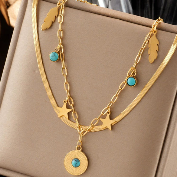 Simple Devil's Eyes Double Layer Geometric Turquoise Pendant Titanium Steel Clavicle Chain With Electroplating For Unisex