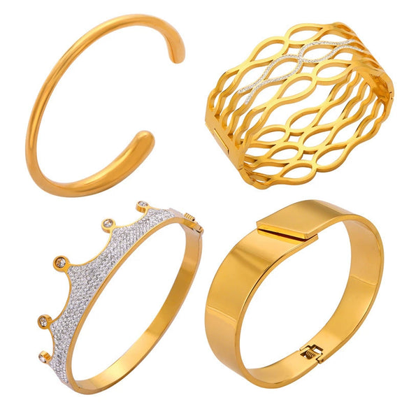 Simple Diamondencrusted Crown Hollow Women's Bracelet Titanium Steel 18K Real Gold Plated Geometric Style Electroplated
