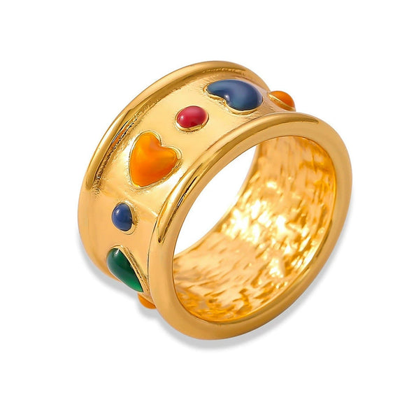 Simple Distinctive Love Design Sense Wide Face Ring In Titanium Steel With Gold Plated Electroplating And Geometric Style