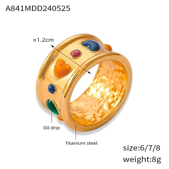 Simple Distinctive Love Design Sense Wide Face Ring In Titanium Steel With Gold Plated Electroplating And Geometric Style