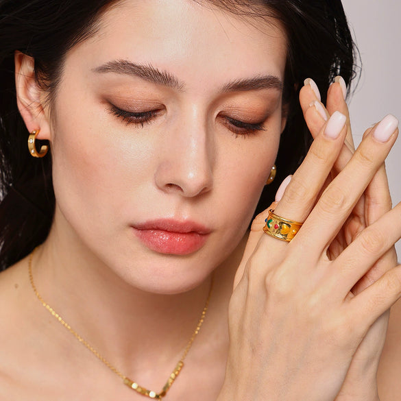 Simple Distinctive Love Design Sense Wide Face Ring In Titanium Steel With Gold Plated Electroplating And Geometric Style