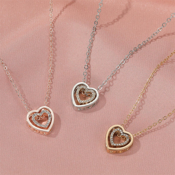 Simple Double Heart Pendant O Chain Necklace For Women Alloy With Electroplating All Match Full Diamond Hollow Crystal Design