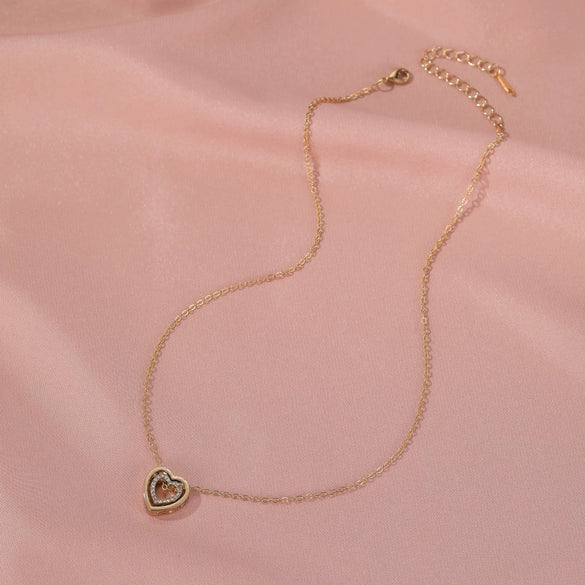 Simple Double Heart Pendant O Chain Necklace For Women Alloy With Electroplating All Match Full Diamond Hollow Crystal Design