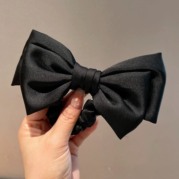 Simple Double Layer Big Bow Hair Ring For Girls Handmade With Black Marubeni Head Rubber Tendon