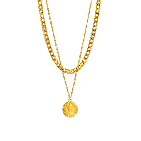 Simple Double Layer Chain Queen Portrait Round Pendant Titanium Steel Necklace With Geometric Pattern And Electroplating