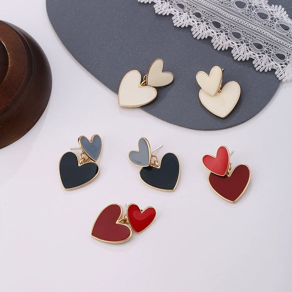 Simple Double Layer Heart Shaped Alloy Earrings With Silver Needle Electroplated Oil Drop Finish Elegant Geometric Love Earrings