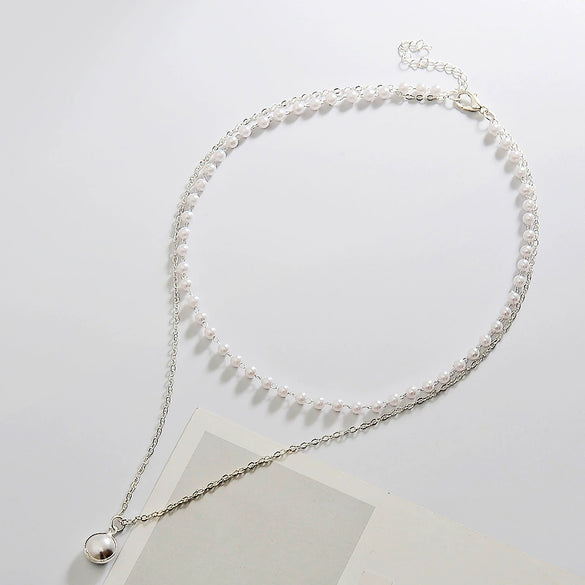 Simple Double Layer Pearl O Chain Necklace For Women Alloy Material With Electroplating Treatment Geometric Styling