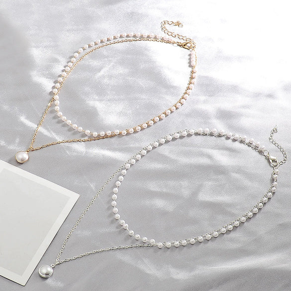 Simple Double Layer Pearl O Chain Necklace For Women Alloy Material With Electroplating Treatment Geometric Styling