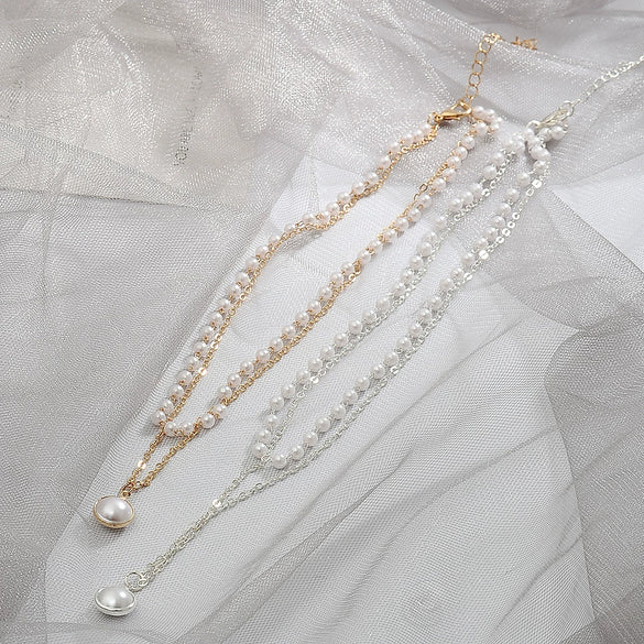 Simple Double Layer Pearl O Chain Necklace For Women Alloy Material With Electroplating Treatment Geometric Styling
