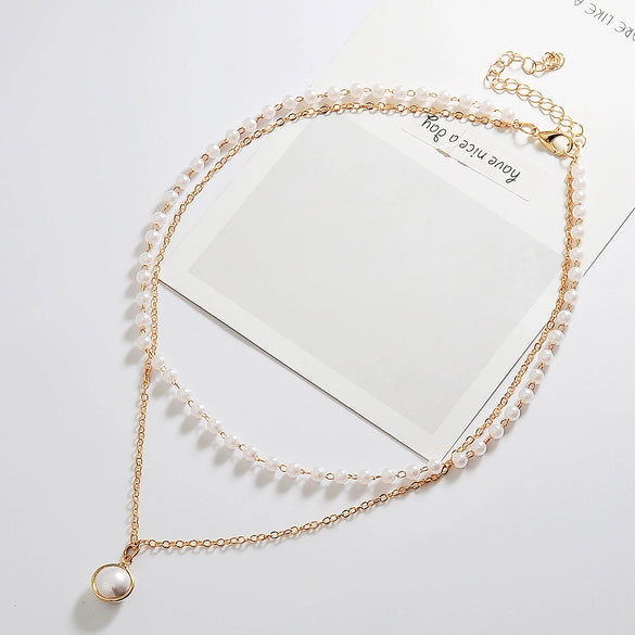 Simple Double Layer Pearl O Chain Necklace For Women Alloy Material With Electroplating Treatment Geometric Styling