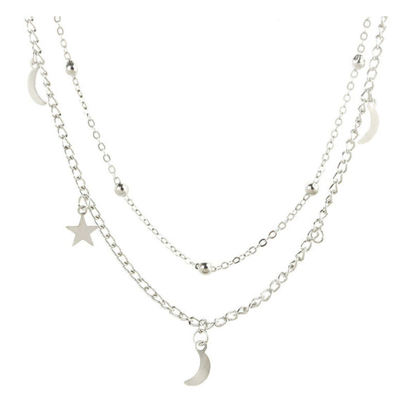 Simple Double Moon Star Short Necklace With Round Beads Alloy Clavicle Chain Collar Electroplated Wholesale