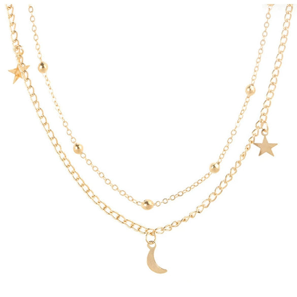 Simple Double Moon Star Short Necklace With Round Beads Alloy Clavicle Chain Collar Electroplated Wholesale