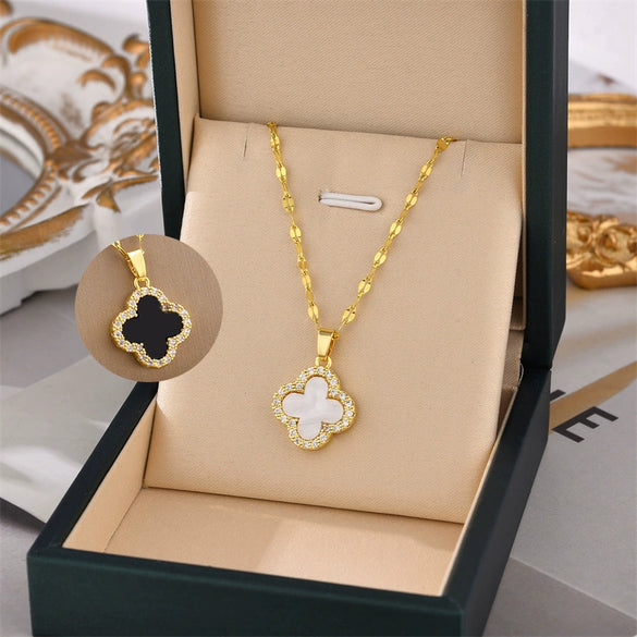 Simple Doublesided Fourleaf Clover Titanium Steel Necklace For Women Electroplated Geometric Design Twisted Chain With Mixed Gem Inlay